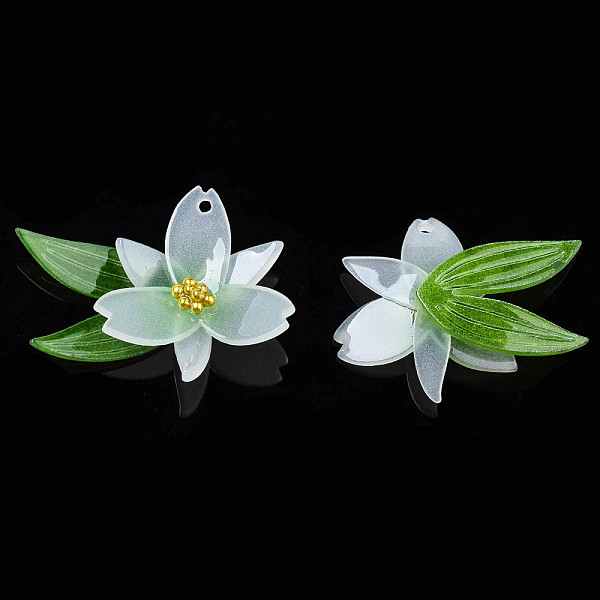 PandaHall Plastic Pendants, with Golden Plated Stainless Steel Beads, Flower, Green, 22x28~29x7~8mm, Hole: 1.2mm Plastic Flower Green