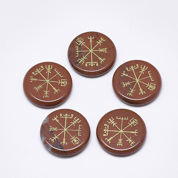 

PandaHall Natural Red Jasper Cabochons, Flat Round with Nordic Pagan Pattern, 25x5.5mm Red Jasper Flat Round