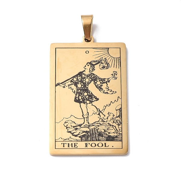 

PandaHall 201 Stainless Steel Pendant, Golden, Rectangle with Tarot Pattern, The Fool 0, 40x24x1.5mm, Hole: 4x7mm 201 Stainless Steel Tarot