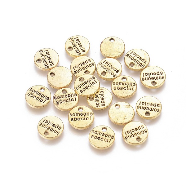 

PandaHall Tibetan Style Alloy Flat Round Carved Word Someone Special Charms, Cadmium Free & Lead Free, Antique Golden, 10x1.5mm, Hole: 1.5mm...