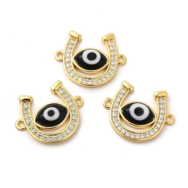 

PandaHall Rack Plating Real 18K Gold Plated Brass Micro Pave Clear Cubic Zirconia Connector Charms, Horseshoe Links, with Handmade Evil Eye..., Black