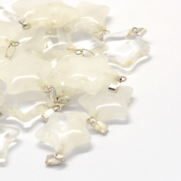 

PandaHall Star Natural Crystal Pendants, with Platinum Tone Brass Findings, 22~23x20~24x5~7mm, Hole: 2x7mm Quartz Crystal Star