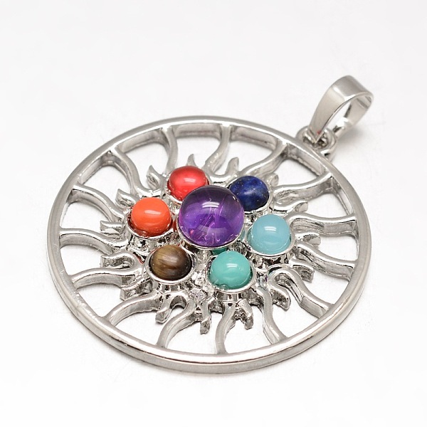 

PandaHall Chakra Jewelry Brass Gemstone Flat Round Pendants, Cadmium Free & Nickel Free & Lead Free, Platinum, 35x31x8mm, Hole: 5x8mm Mixed...