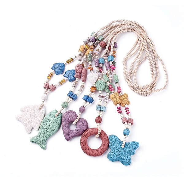 

PandaHall Natural Lava Rock Pendant Necklaces, with Wood Beads, Mixed Shapes, Mixed Color, 30.7~31.8 inch'(78~81cm), 4.5mm Lava Rock..., Multicolor