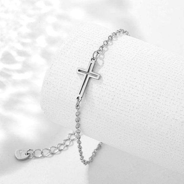 

PandaHall Stainless Steel Cross Link Bracelet with Cable Chains, Platinum, 6-1/2 inch(16.5cm) Stainless Steel Cross