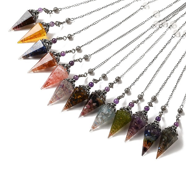 

PandaHall Mixed Natural Gemstone Dowsing Pendulum Big Pendants, with Resin, Amethyst & Quartz Crystal, Hexagonal Cone, 300mm, Hole: 1.5mm...