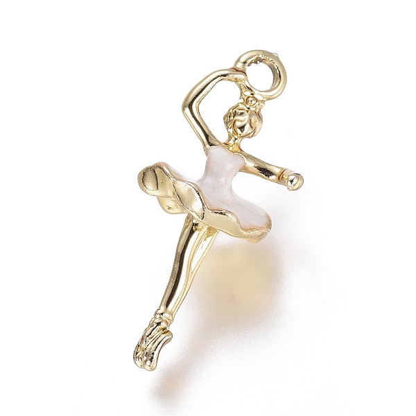 pandahall alloy pendants, with enamel, dancing girl, light gold, white, 28x11x10mm, hole: 2.5mm alloy+enamel human white