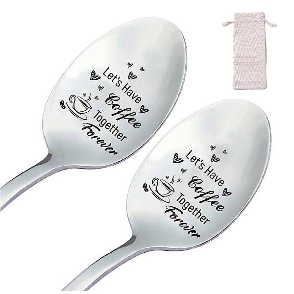 PandaHall CREATCABIN Engraved Spoons 2pcs Stainless Steel Let's Have Coffee Dinner Flatware Kitchen Utensils Food Grade Cutlery Set Mirror...