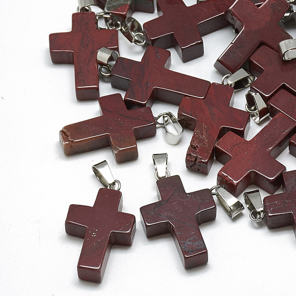 

PandaHall Natural Red Jasper Pendants, with Stainless Steel Snap On Bails, Cross, 29~30x18~19x5~6mm, Hole: 6x4mm Red Jasper Cross