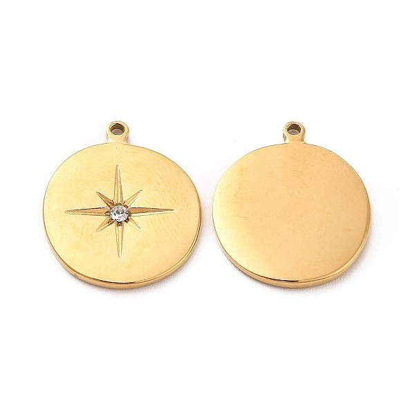 

PandaHall Ion Plating(IP) 304 Stainless Steel Rhinestone Pendants, Flat Round with Star Charms, Real 18K Gold Plated, Crystal, 18x16x1.5mm..., Clear