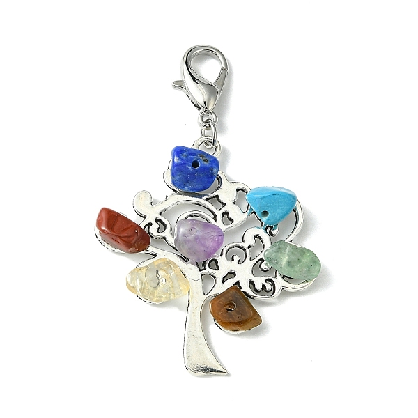 

PandaHall Tibetan Style Alloy Pendant Decorations, with Natural Chakra Mixed Gemstone Chips and Lobster Claw Clasps, Tree of Life, 58mm..., Multicolor