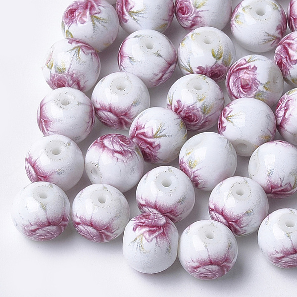 

PandaHall Printed & Spray Painted Glass Beads, Round with Flower Pattern, Pale Violet Red, 10~10.5x9.5mm, Hole: 1.6mm Glass Flower Pink