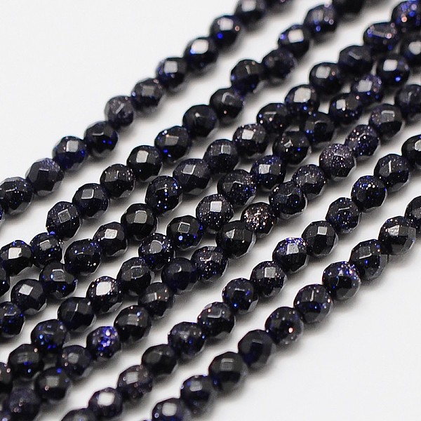 

PandaHall Synthetic Blue Goldstone Beads Strands, Faceted Round, 2mm, Hole: 0.8mm, about 190pcs/strand, 16 inch Blue Goldstone Round Blue