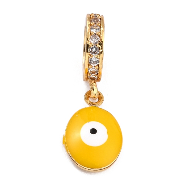

PandaHall Brass Micro Pave Clear Cubic Zirconia European Dangle Charms, with Enamel, Long-Lasting Plated, Flat Round with Evil Eye, Golden..., Yellow