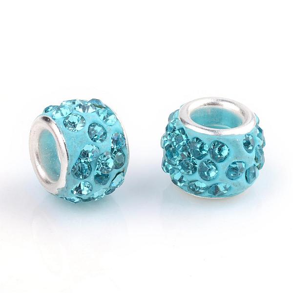 

PandaHall Polymer Clay Rhinestone European Beads, Large Hole Beads, Rondelle, with Silver Color Plated Brass Cores, Aquamarine, 10~12x7~8mm..., Cyan