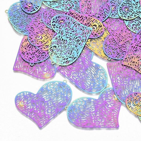 

PandaHall Ion Plating(IP) 201 Stainless Steel Filigree Pendants, Etched Metal Embellishments, Heart, Rainbow Color, 31x39x0.3mm, Hole: 1.4mm...