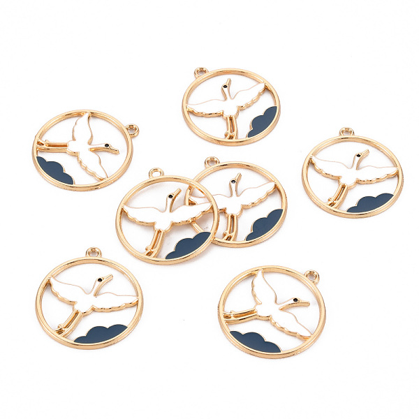 

PandaHall Eco-Friendly Alloy Enamel Pendants, Cadmium Free & Lead Free & Nickel Free, Light Gold, Ring with Crane, White, 29x26.5x1.5mm...