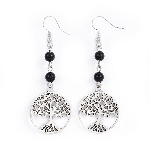 

PandaHall Tibetan Style Alloy Dangle Earrings, with Natural Black Agate Beads and Iron Earring Hooks, Flat Round with Tree of Life, 71.5mm...