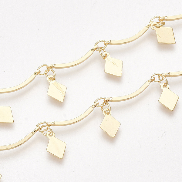 

PandaHall Handmade Brass Scalloped Bar Chains, with Rhombus Charm and Spool, Soldered, Nickel Free, Real 18K Gold Plated, 15x2.5x1mm, about...
