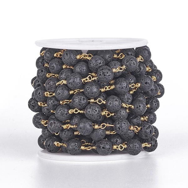 

PandaHall Handmade Natural Lava Rock Beaded Chains, Unwelded, with Brass Findings, with Spool, Round, Golden, 6mm, about 32.8 Feet(10m)/roll..., Black