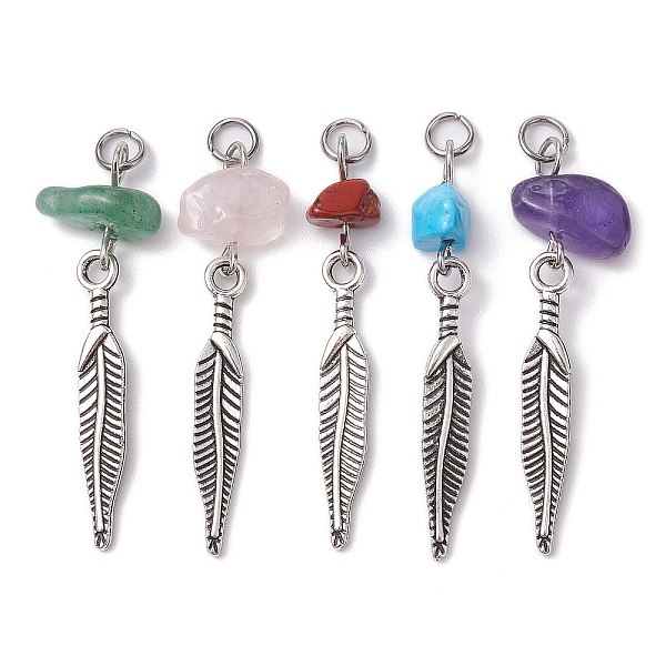 

PandaHall Gemstone Chip Pendants, Antique Silver Plated Alloy Charms, Mixed Dyed and Undyed, Feather, 38~39x6.5~12x6.5~7mm, Hole: 3.4mm...