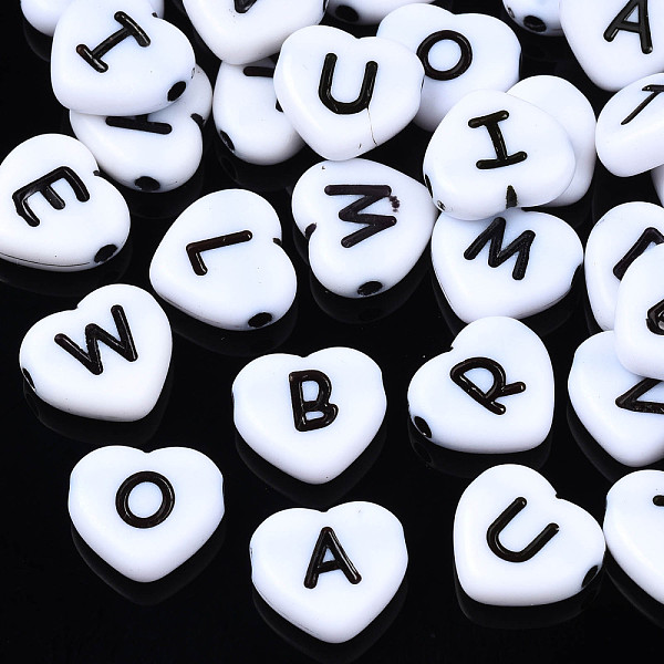 

PandaHall Opaque Acrylic Beads, Heart, White & Black, Random Mixed Letters, 11x11.5x4mm, about 1483pcs/500g Acrylic Letter White
