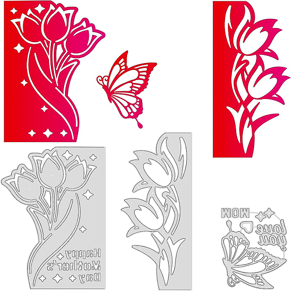 

PandaHall BENECREAT 3 Styles Happy Mother's Day Cutting Dies, Tulip Flower Butterfly with Word "Love You" Carbon Steel Embossing Stencils...