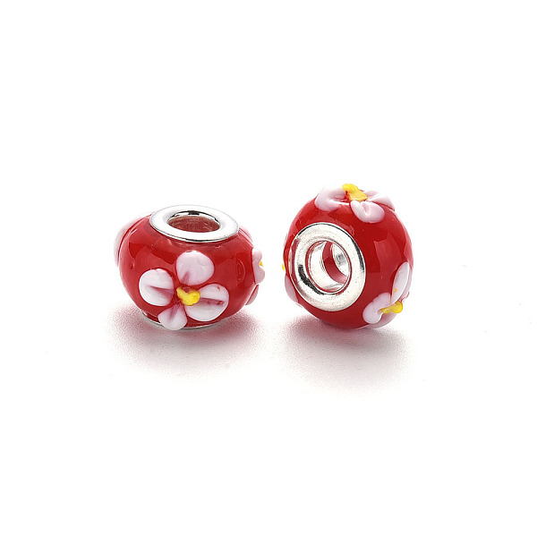 

PandaHall Handmade Lampwork European Beads, Large Hole Rondelle Beads, Rondelle with Flower, Bumpy Lampwork, with Platinum Tone Brass Double..., Red
