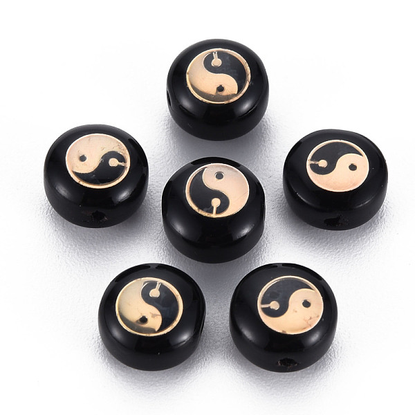 

PandaHall Handmade Lampwork Beads, with Golden Plated Brass Etched Metal Embellishments, Flat Round with Yinyang, Black, 8x5~6mm, Hole...