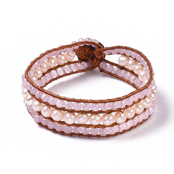 

PandaHall Natural Rose Quartz Beaded Cord Bracelets, with Freshwater Pearl, Leather Cord and Alloy Clasps, 8-5/8 inch(22cm), 20mm Rose...