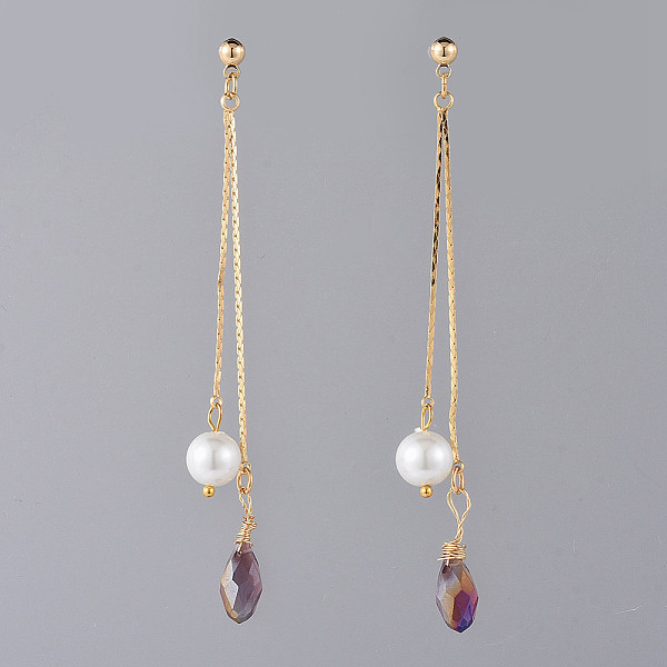 

PandaHall Long Chain Earrings, Brass Dangle Stud Earrings, with Glass Beads and Earring Backs, Golden, Purple, 83mm, Pin: 0.7mm Glass Purple