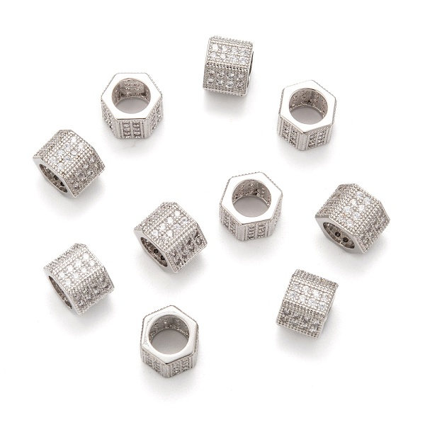 

PandaHall Brass Cubic Zirconia Beads, Hexagon, Platinum, 8x10mm, Hole: 6.5mm Brass+Cubic Zirconia Hexagon