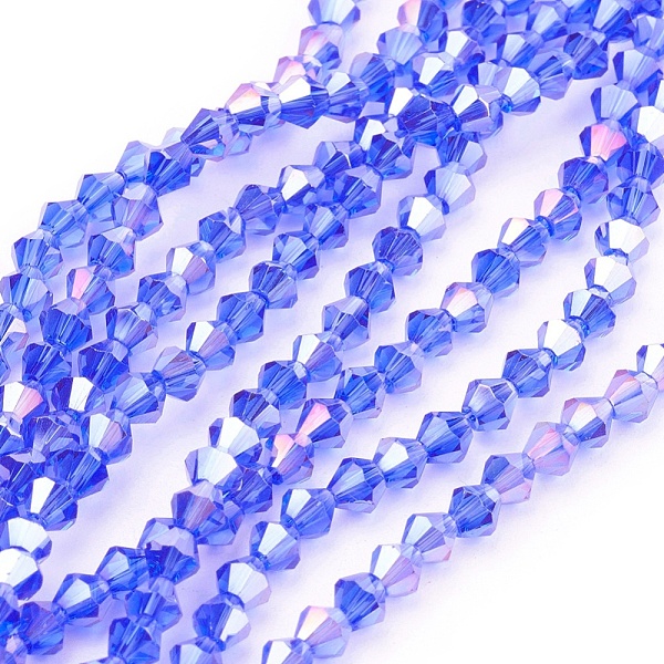 

PandaHall Glass Beads Strands, AB Color Plated, Faceted, Bicone, Dodger Blue, 4x4mm, Hole: 1mm, about 82~85pcs/strand, 30.5~31cm Glass...