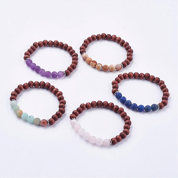 

PandaHall Frosted Mixed Gemstone Stretch Bracelets, with Wood & 304 Stainless Steel Findings, Burlap Packing, 2 inch(52mm) Mixed Stone