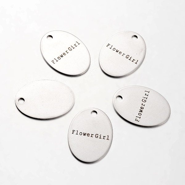 

PandaHall Spray Painted Stainless Steel Pendants, Oval with Word Flowergirl, Stainless Steel Color, 30x22x1mm, Hole: 3mm Stainless Steel...