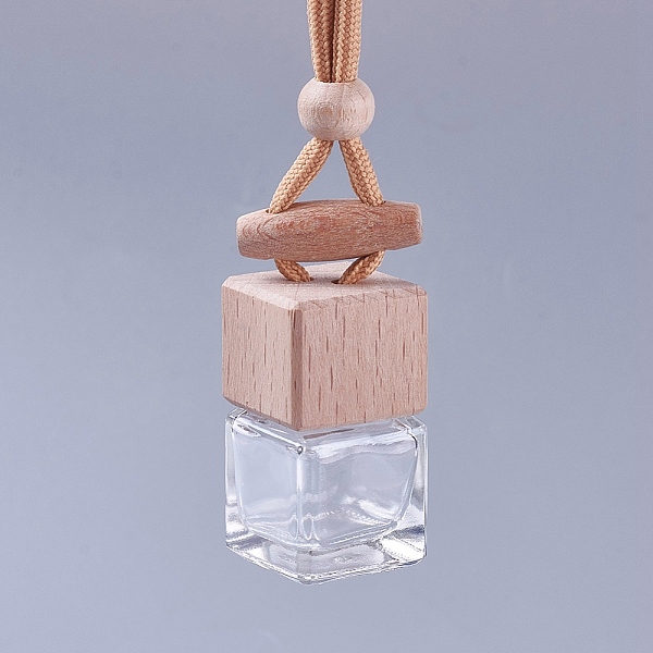 

PandaHall Glass Pendant Decorations, Empty Perfume Bottle, with Wooden Lid and Cotton Rope, Cube, BurlyWood, 250mm Glass Cube Orange