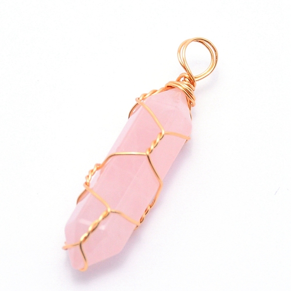 

PandaHall Natural Rose Quartz Pendants, with Golden Steel Wire, Hexagon Prism, 43x11x11mm, Hole: 5mm Rose Quartz Hexagon