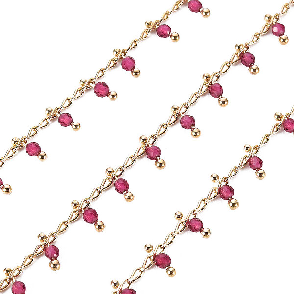 

PandaHall Handmade Brass Curb Chains, with Glass Beads, Soldered, Spool, Real 18K Gold Plated, Medium Violet Red, 2.7x1.5x0.3mm, about 16.4...