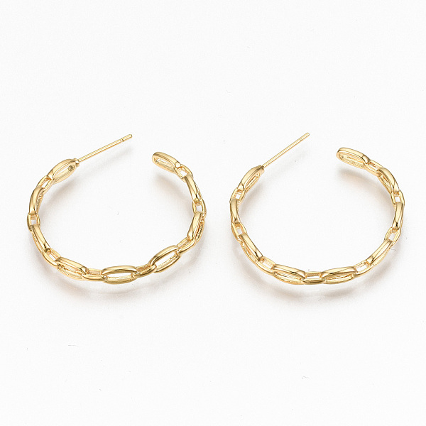 

PandaHall Brass Half Hoop Earrings, Stud Earring, Nickel Free, Cable Chain Shape, Real 18K Gold Plated, 30x30x3mm, Pin: 0.7mm Brass Ring