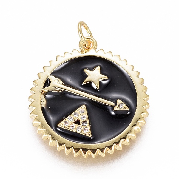 

PandaHall Brass Micro Pave Cubic Zirconia Pendants, with Enamel and Jump Ring, Flat Round with Arrow & Star & Triangle, Clear, Black...