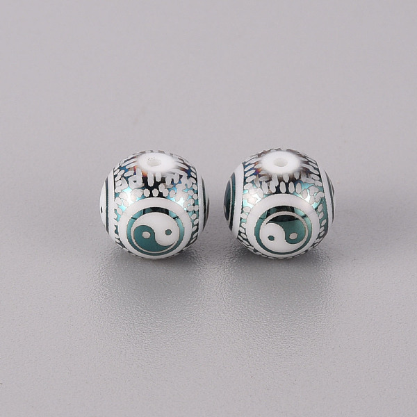 

PandaHall Electroplate Glass Beads, Round with Yin Yang Pattern, Green Plated, 10mm, Hole: 1.2mm Glass Round