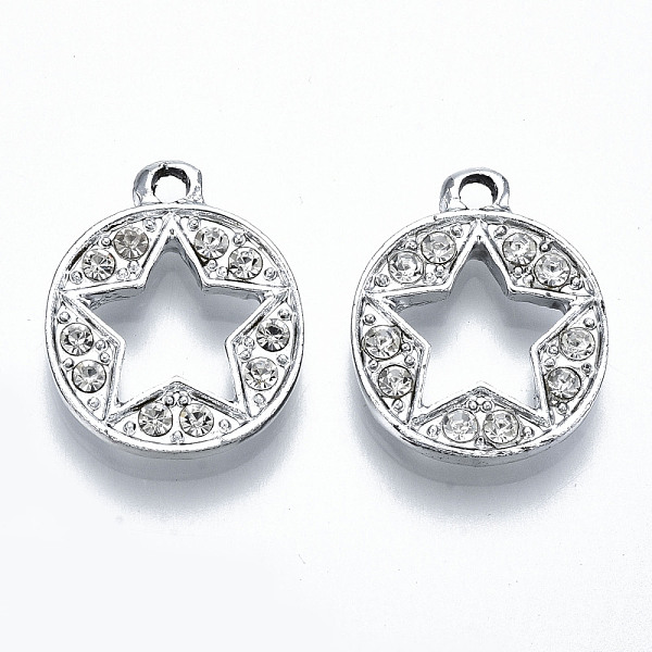 

PandaHall UV Plated Alloy Pendants, with Crystal Rhinestone, Flat Round with Hollow Star, Cadmium Free & Lead Free, Platinum, 19x15x3mm..., Clear