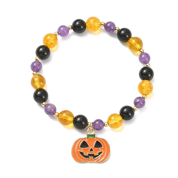 

PandaHall Natural Mixed Gemstone Round Beaded Stretch Bracelet with Alloy Enamel Pumpkin Charms for Halloween, Colorful, Inner Diameter...