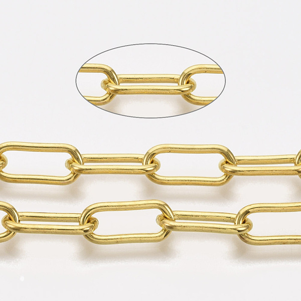 

PandaHall Unwelded Iron Paperclip Chains, Drawn Elongated Cable Chains, with Spool, Golden, 14x6x1.4mm, about 82.02 Feet(25m)/roll Iron