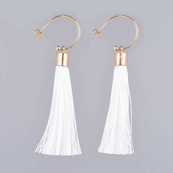 

PandaHall Brass Stud Earring, with Polyester Tassel Pendants and Ear Nuts, White, 80mm, Pin: 0.6mm Polyester White