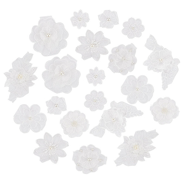 PandaHall AHANDMAKER 20 Pcs 3D Flower Lace Embroidery Appliques, Floral Sew On Patches White Pearl Lace Patch Fabric for Clothes Repairing...