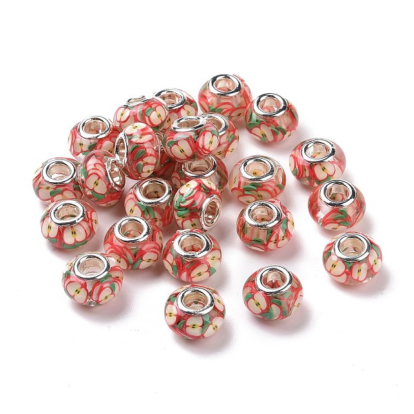 

PandaHall Transparent Resin European Rondelle Beads, Large Hole Beads, with Apple Polymer Clay and Platinum Tone Alloy Double Cores, Tomato..., Red