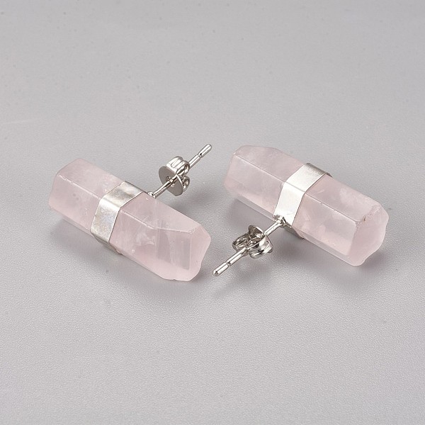 

PandaHall Natural Rose Quartz Stud Earrings, with Brass Findings, Pillar, Platinum, 7~8x21~22mm, Pin: 0.8mm Rose Quartz
