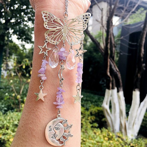 

PandaHall Teardrop Glass & Metal Butterfly Pendant Decorations, Hanging Suncatchers, with Natural Amethyst Chips, for Home Decoration...