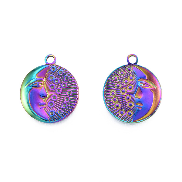 

PandaHall Ion Plating(IP) 201 Stainless Steel Pendants, Flat Round with Moon & Human Face, Rainbow Color, 24x20x2.5mm, Hole: 2mm 201...